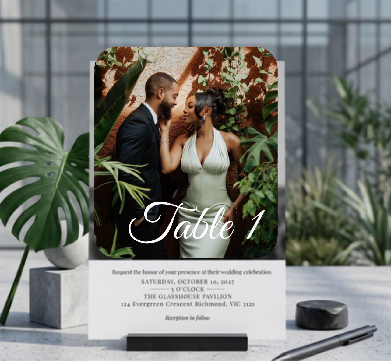 Numéro de table plexiglas — Table 1 avec carton d'invitation assorti